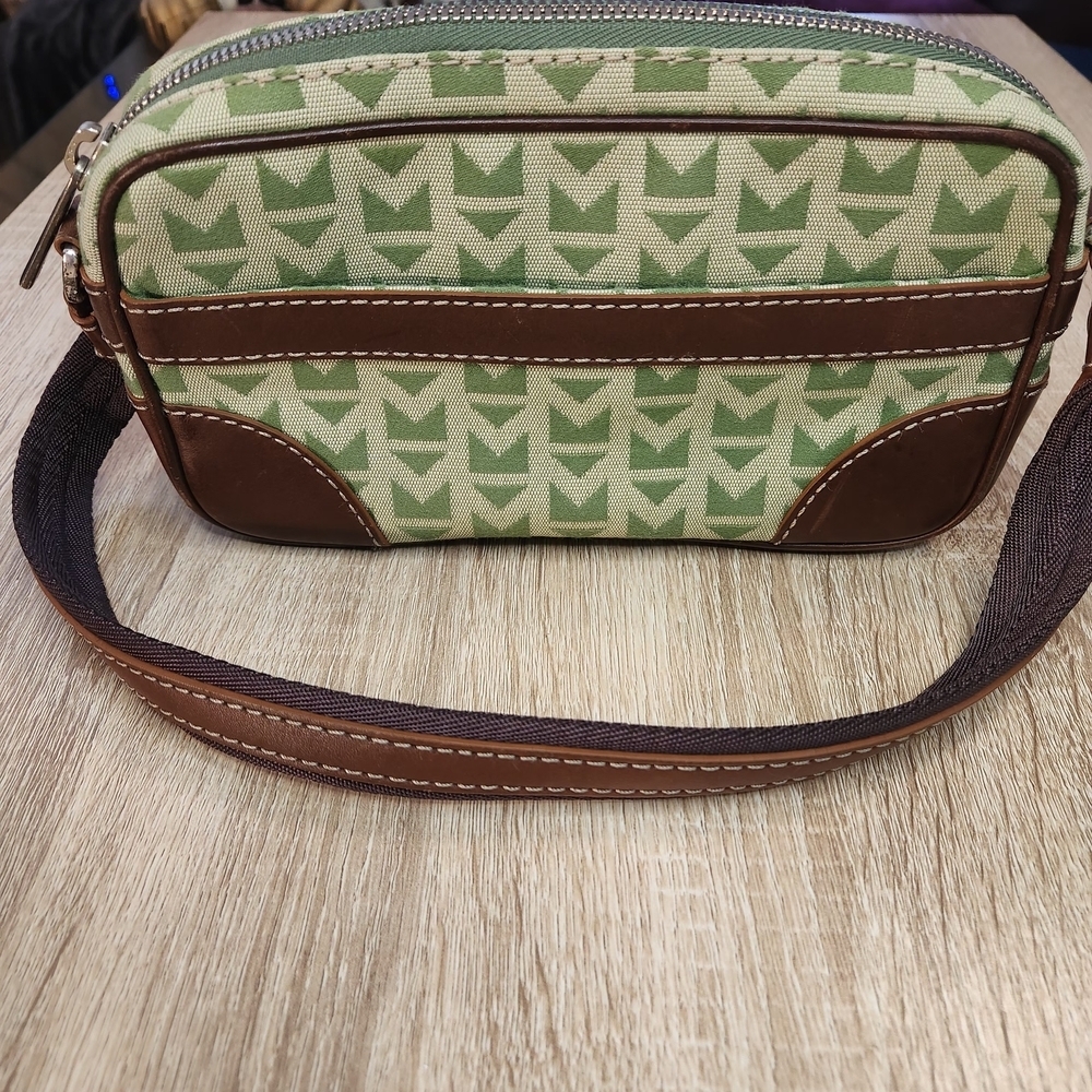 Michael Kors  canvas baguette bag with brown leather trim